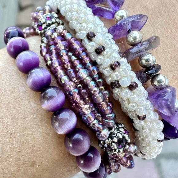 Purple Glass Seed Bead Cat Eye Amethyst Rhinestone Stretch Bracelet Stack - Picture 2 of 7
